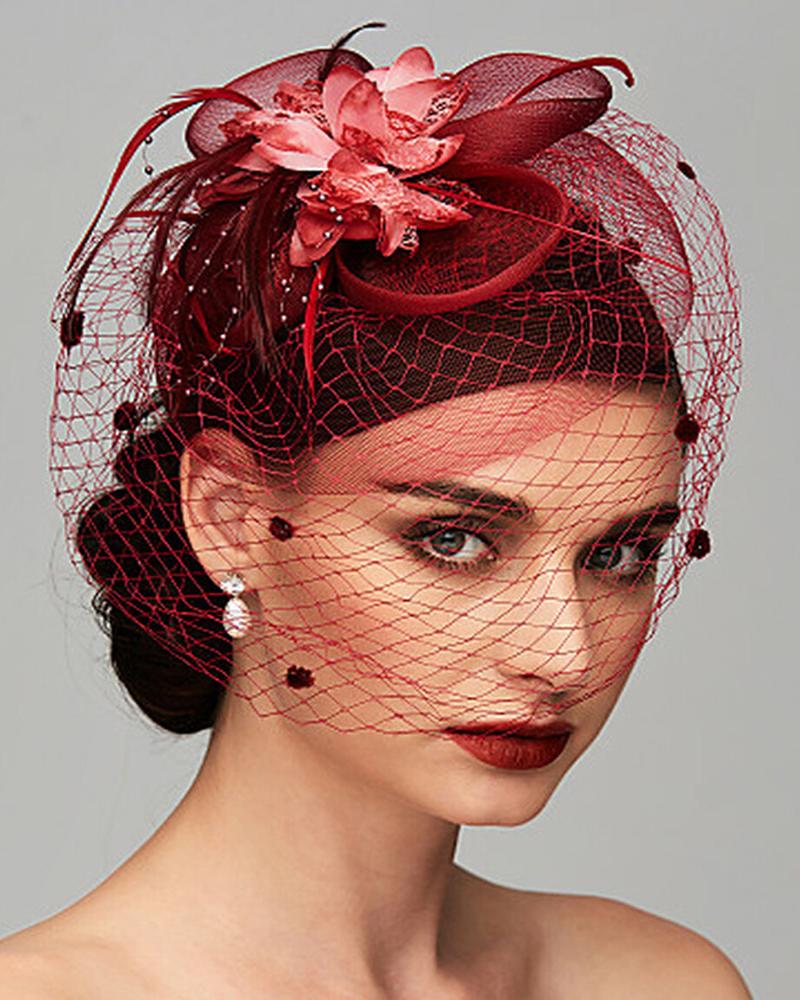 

Feather Fascinator Hat Flower Mesh Veil Hair Clip Hairpin Hats Bridal Wedding Cocktail Tea Party Headwear, Red