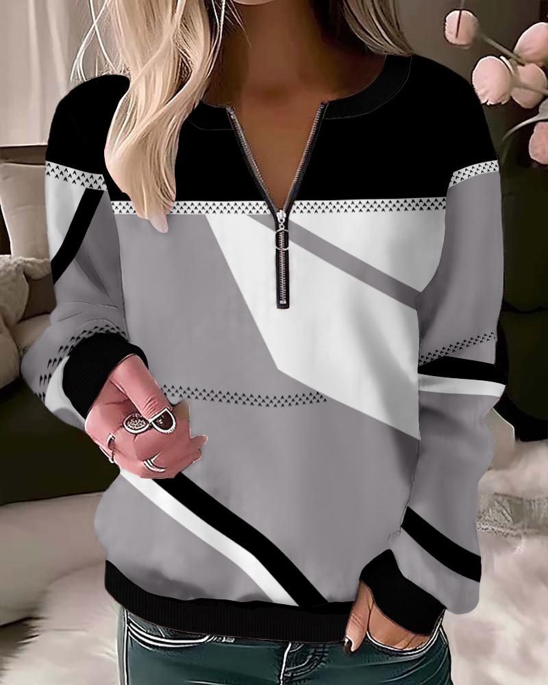 

Geometric Print Zipper Design Top, Gray