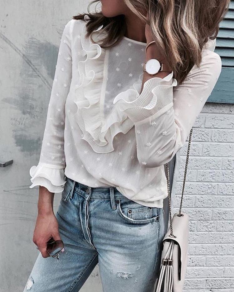 

Dots Layered Ruffles Keyhole Back Women Blouse, White