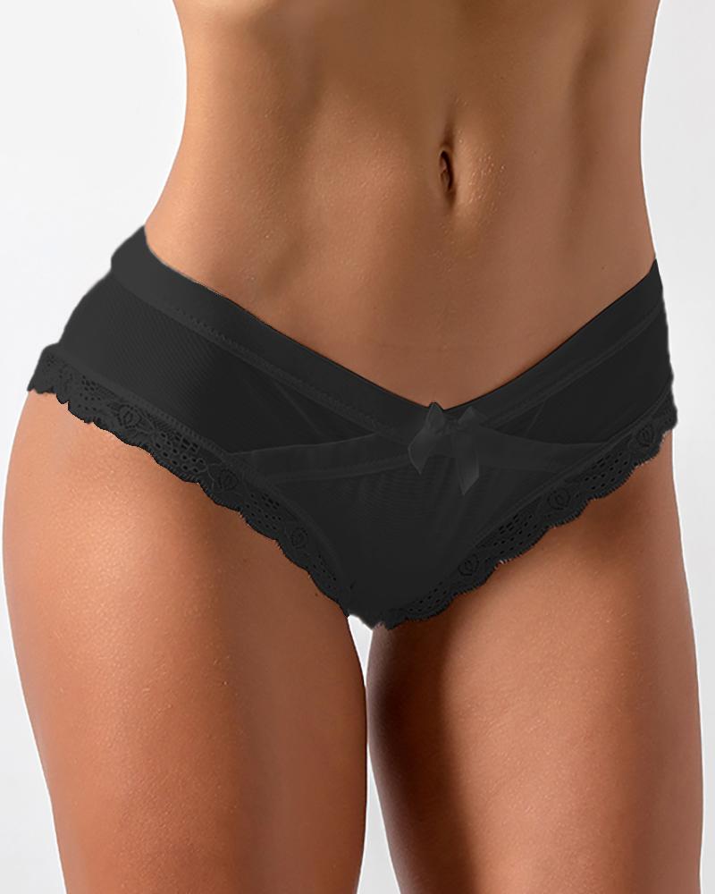 

Bowknot Front Sheer Mesh Lace Trim Mid-Rise Panty, Black