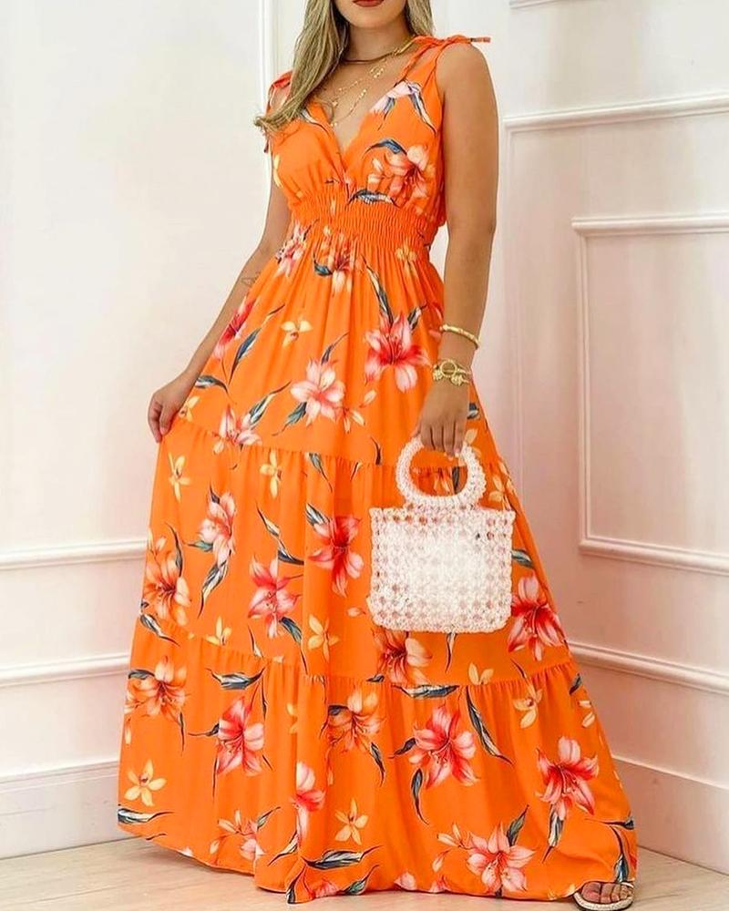 

Floral Print Tied Detail Shirred Waist Maxi Dress, Orange