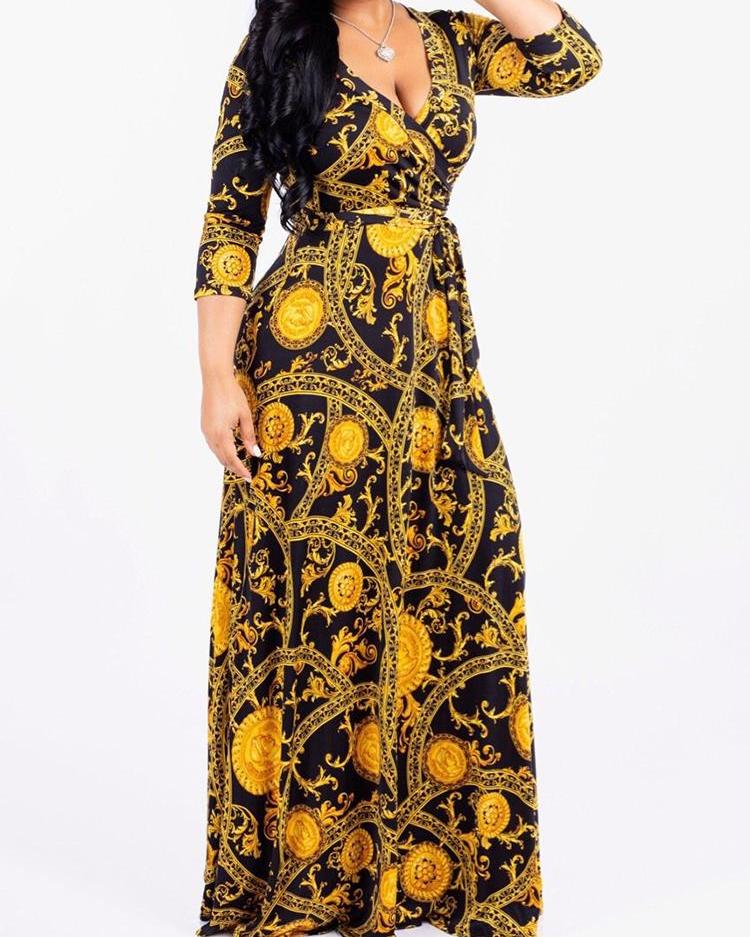 

Printed Long Sleeve Tie Waist Wrap Maxi Dress, Gold