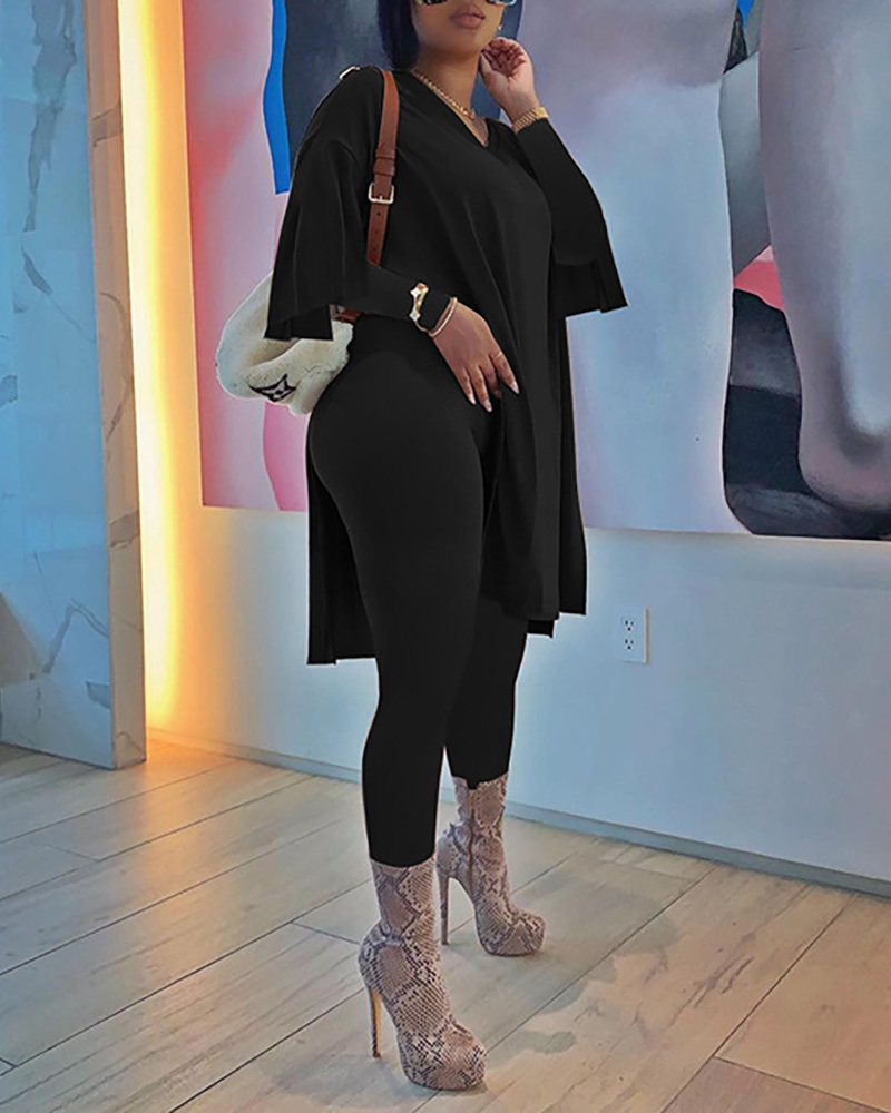 

Plain Slit Top & Pants Set, Black