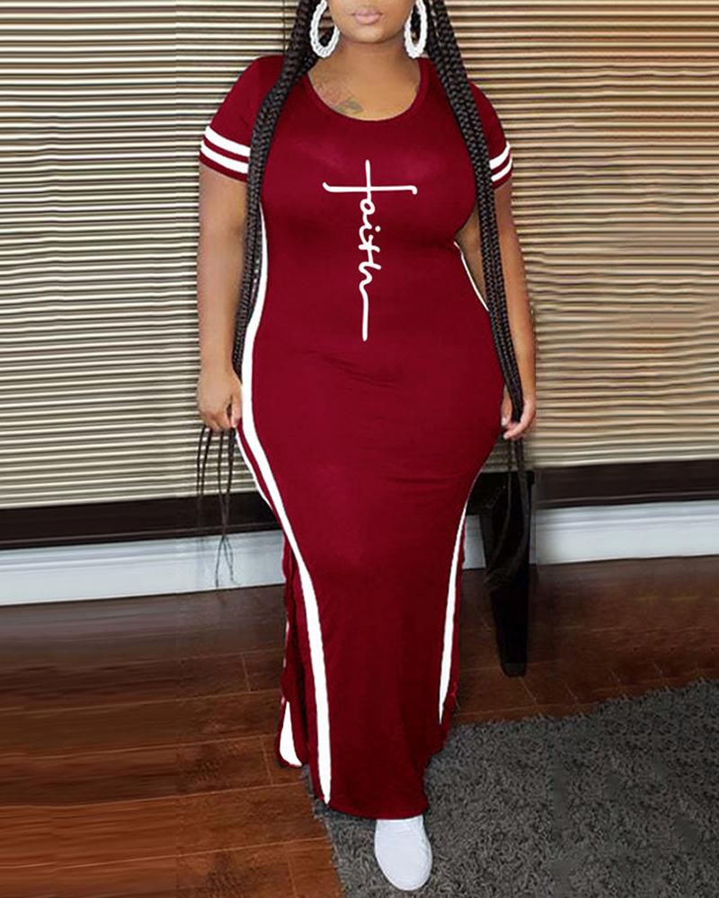 

Plus Size Striped Letter Print Slit Maxi Dress, Dark red