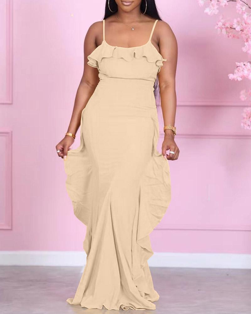 

Spaghetti Strap Ruffles Trim Maxi Dress, Khaki