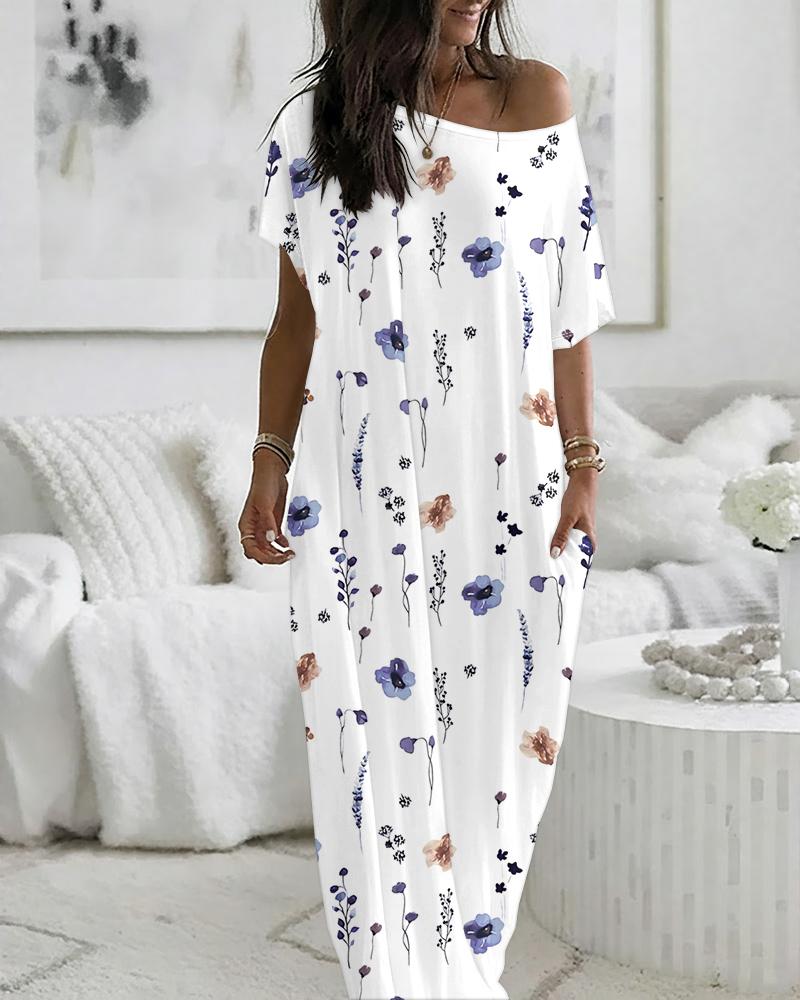 

Robe de nuit maxi à imprimé floral aquarelle, col asymétrique et manches courtes, coupe ample et décontractée, avec poches, White