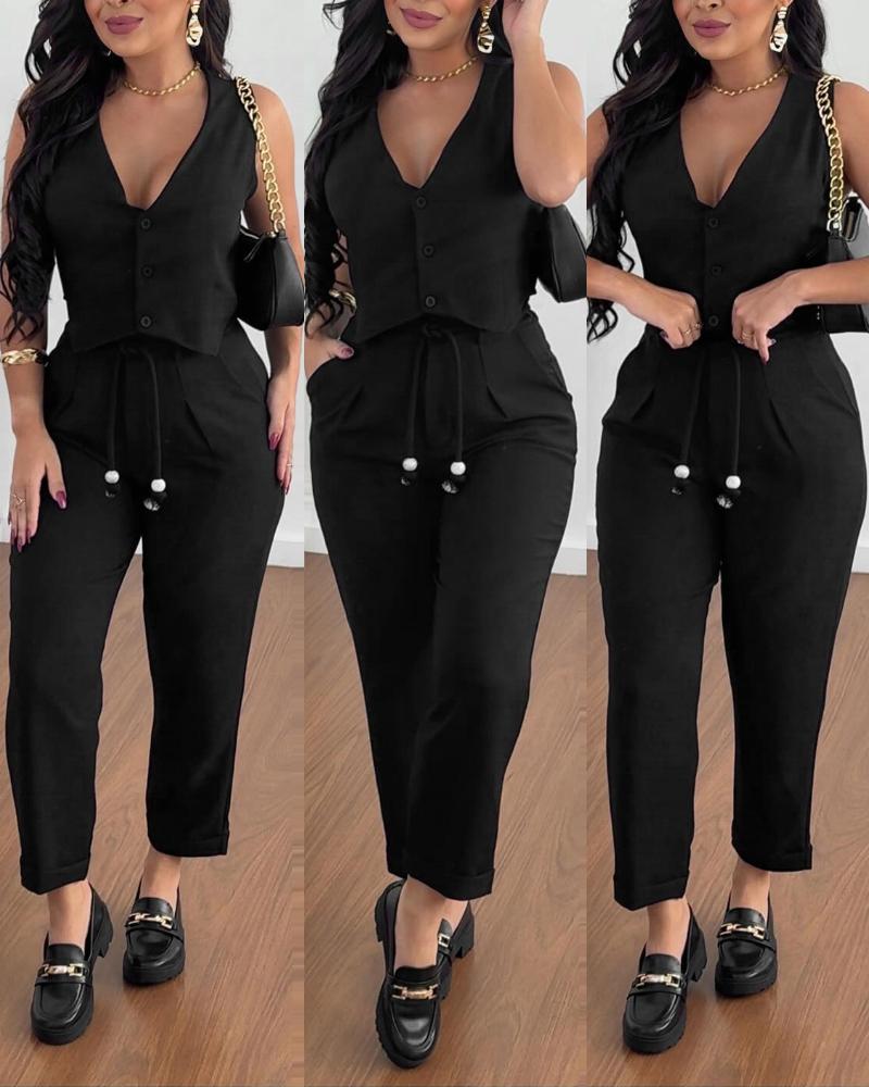 

V-Neck Buttoned Vest Top & Pocket Design Tied Detail Pants Set, Black