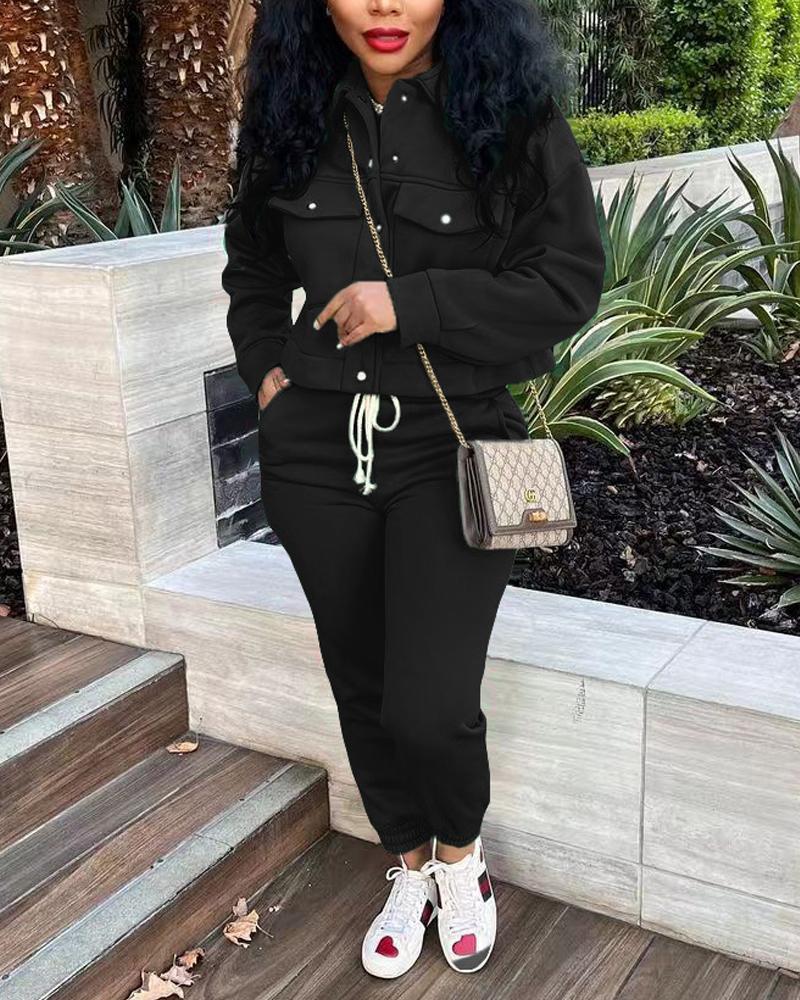 

Long Sleeve Buttoned Top & Drawstring Pants Set, Black
