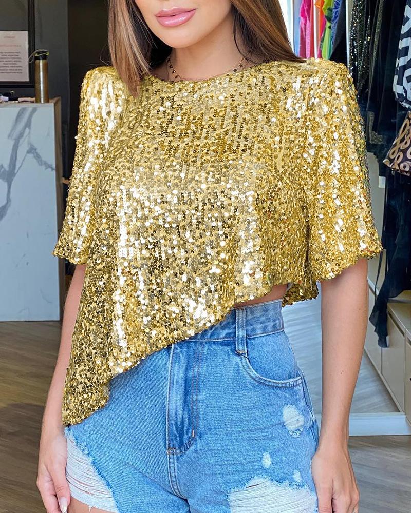 

Asymmetrical Half Sleeve Sequin T-shirt, Gold