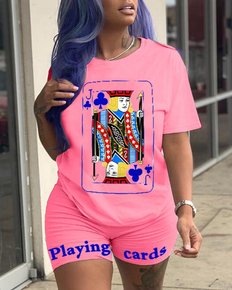 

Poker Print Short Sleeve Top & Letter Print Shorts Set, Pink