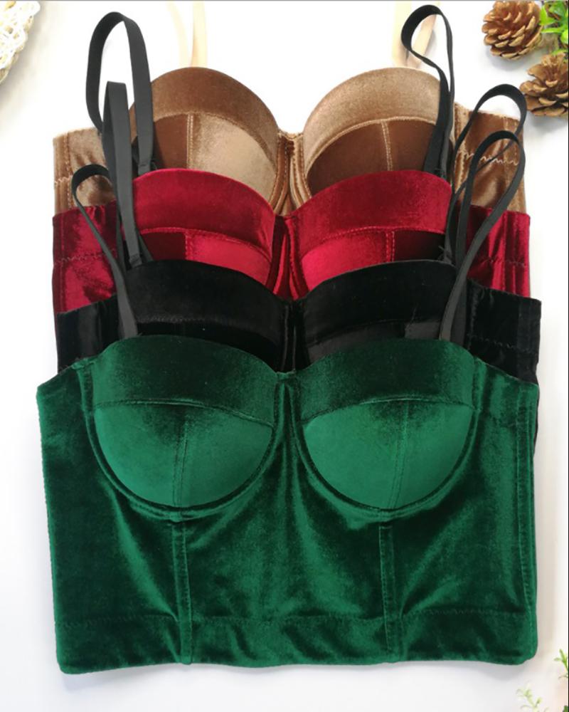 

Velvet Spaghetti Strap V Neck Corset Crop Top, Green