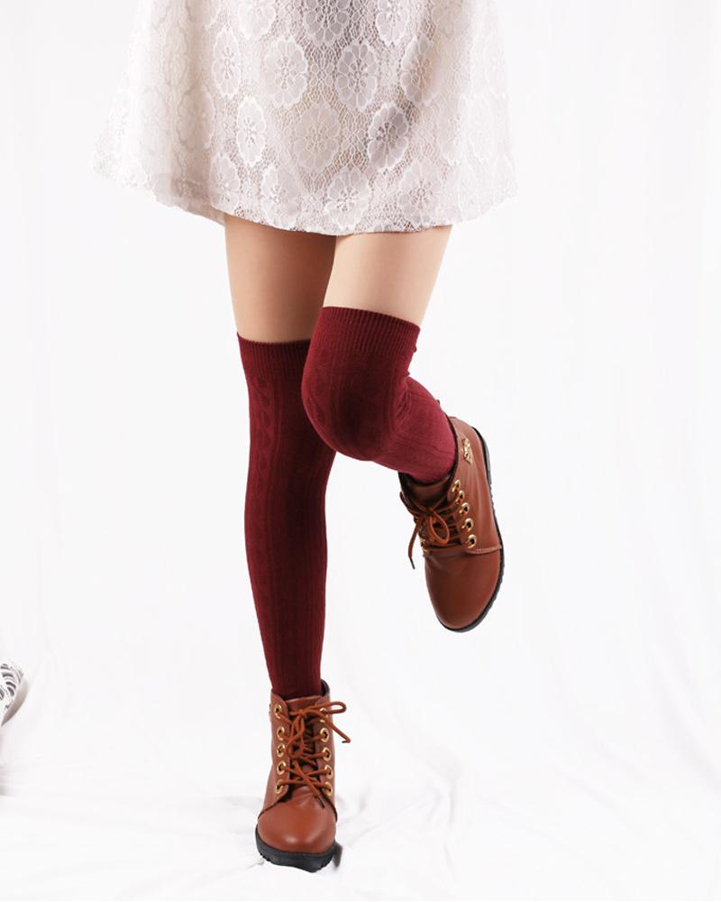 

1Pair Thigh High Cable Knit Leg Warmers Winter Warm Long Boot Socks, Wine red