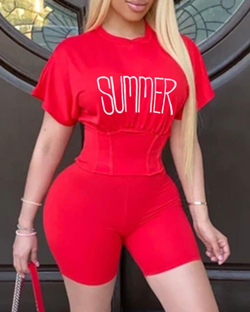 

Solid Color Skinny Waist Splicing Letter Short Sleeve T-shirt And Short Pants Suit Sets, Red