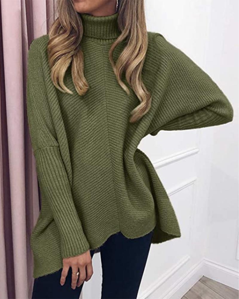 

High Neck Long Sleeve Knit Sweater, Green