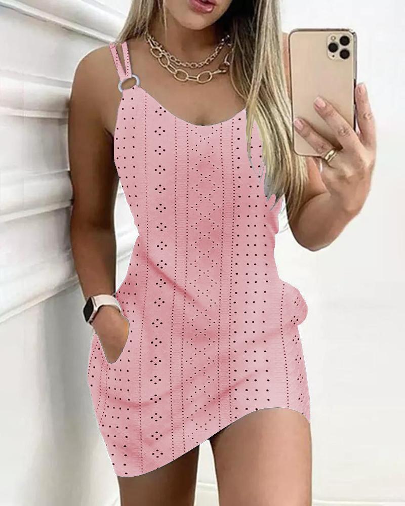 

Eyelet Embroidery Double Strap Casual Dress, Pink