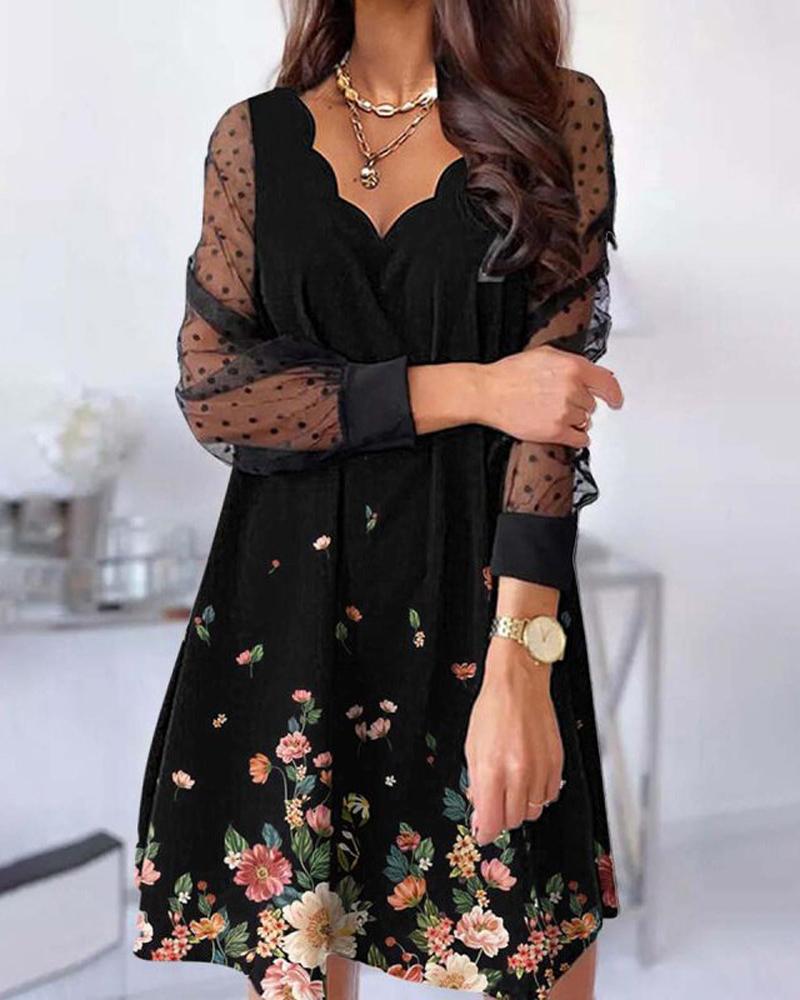 

Floral Print Contrast Lace Long Sleeve Casual Dress, Black