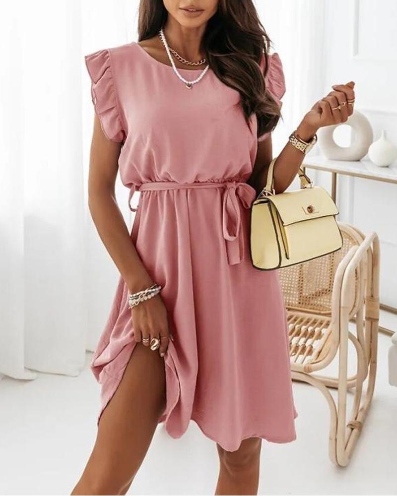 

Flutter Sleeve Belted Casual Dress, Pink