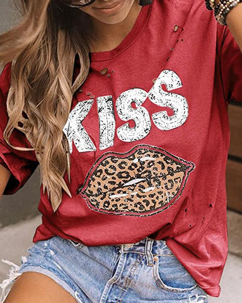 

Women' Vintage Letter Kiss Leopard Lip Print Round Neck Casual T-shirt, Red