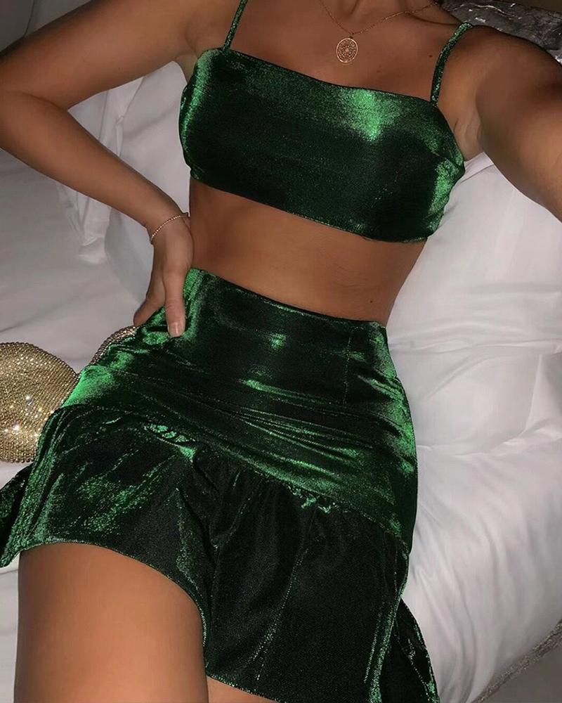 

Square Neck Crop Top & Ruffles Skirt Set, Green