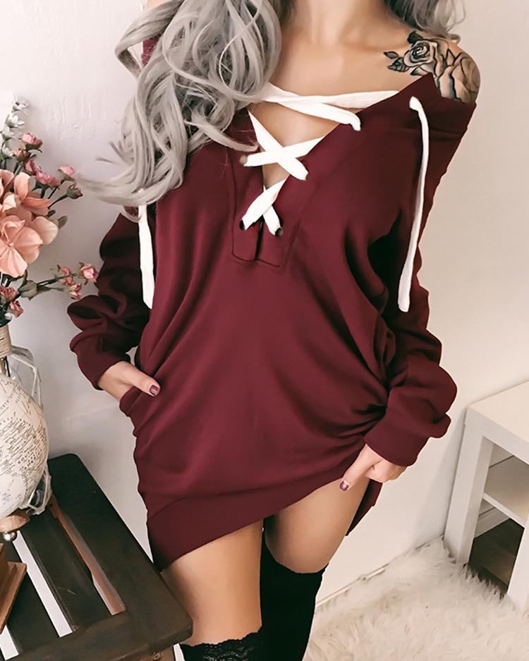 

Trendy Lace-up Casual Sweatshirt, Wine red