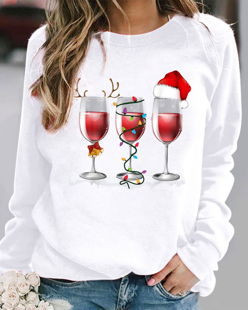 

Plus Size Christmas Hat Wine Glass Print Long Sleeve Top, White