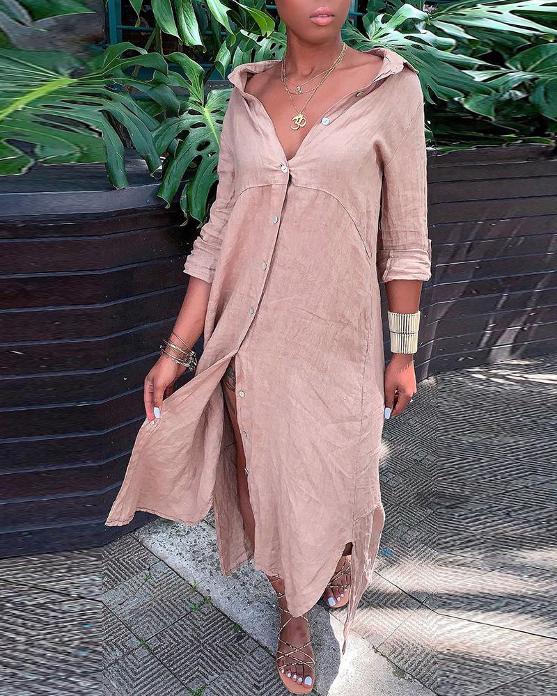

Plain Button Design Shirt Dress, Pink