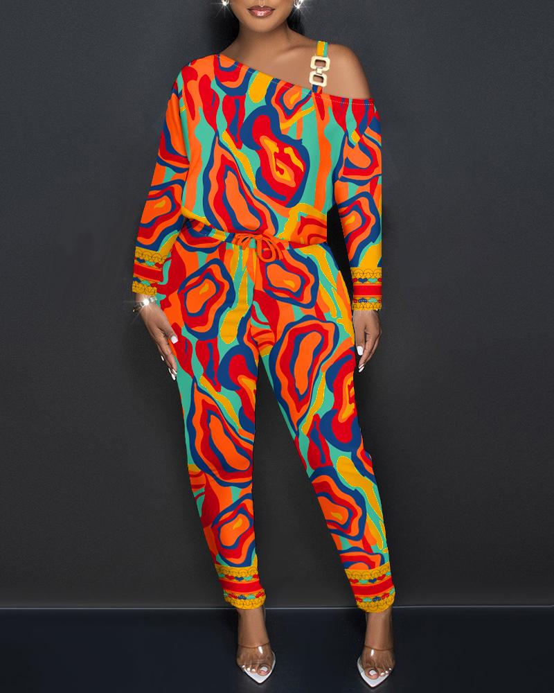 

Multi-Color Abstract Print Cold Shoulder Jumpsuit, Orange
