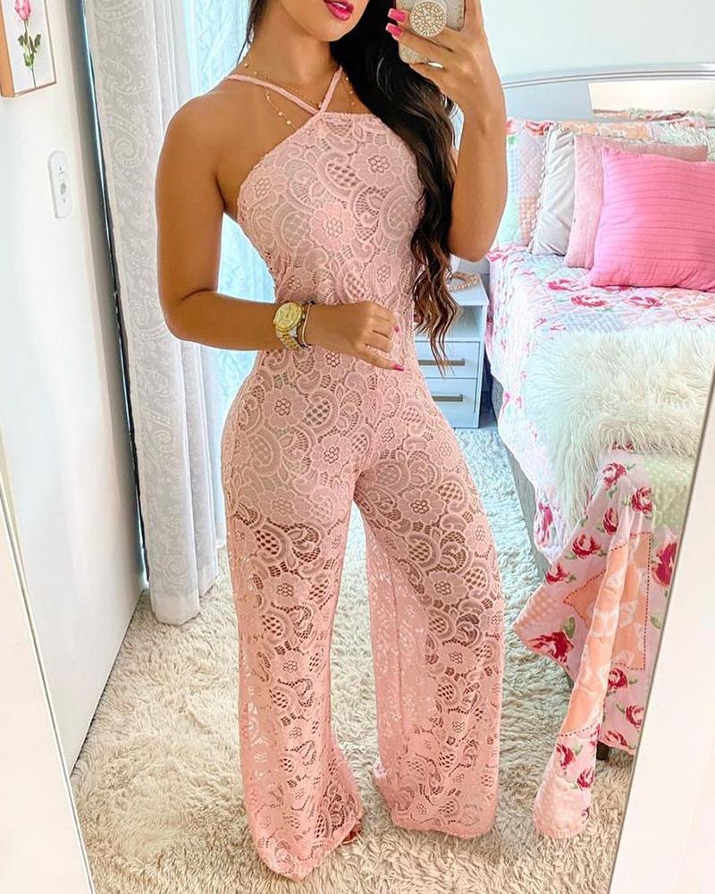

Halter Crochet Lace High Slit Jumpsuit, Pink