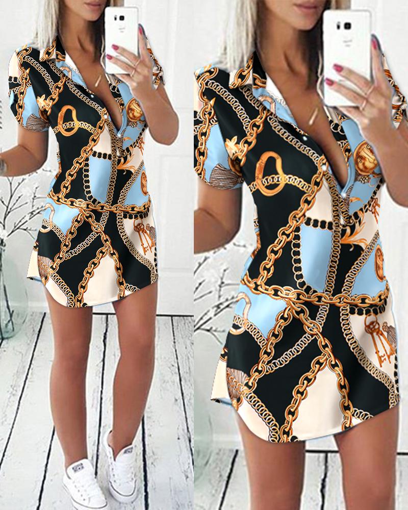 

Scarf Chain Print Button Front Shirt Dress, Blue