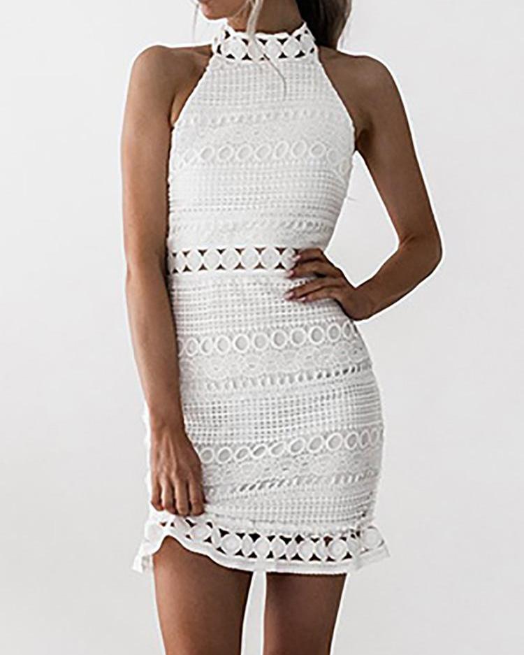 

Halter Crochet Lace Ruffle Hem Mini Dress, White