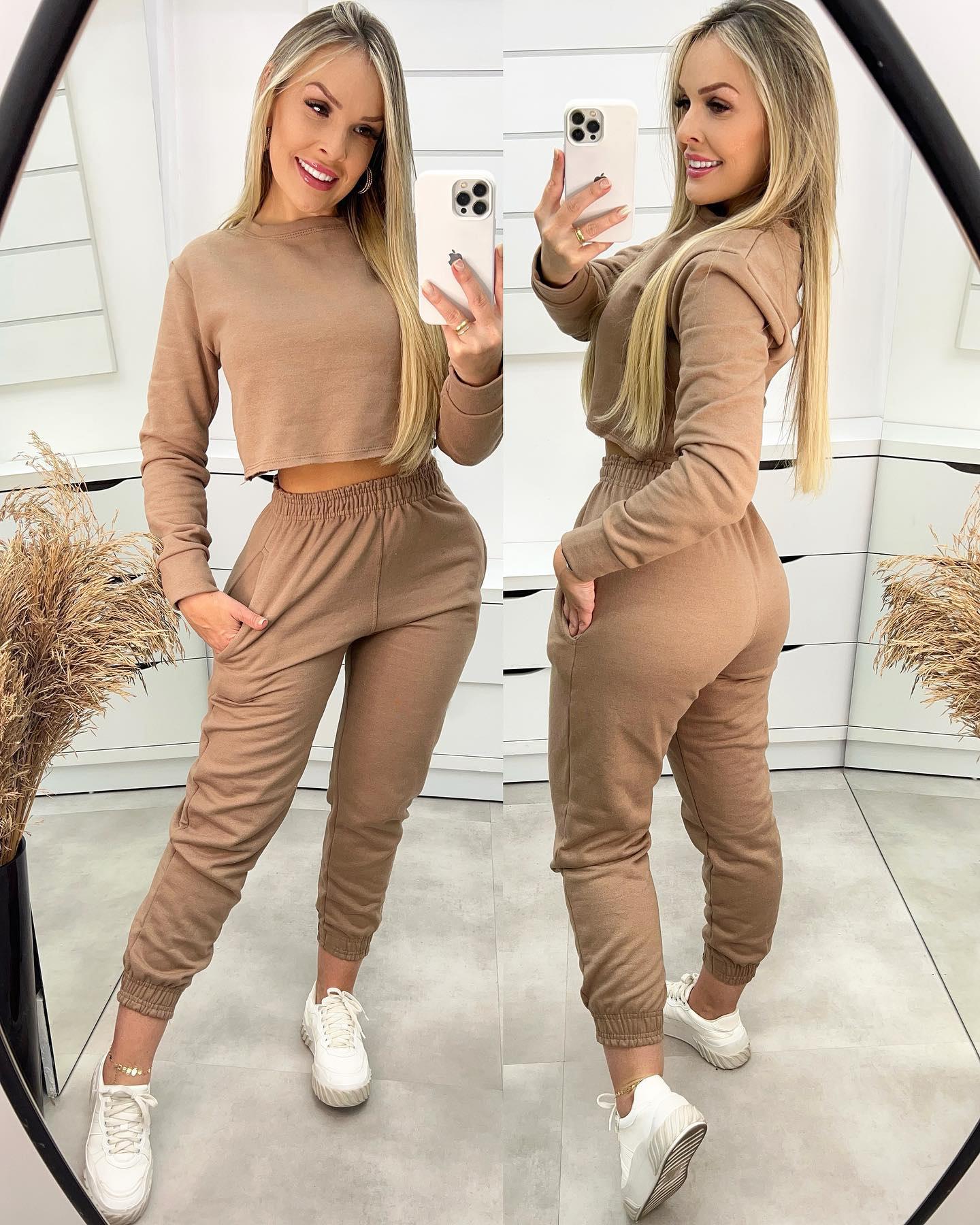 

Long Sleeve Crop Top & Pocket Design Cuffed Pants Set, Khaki