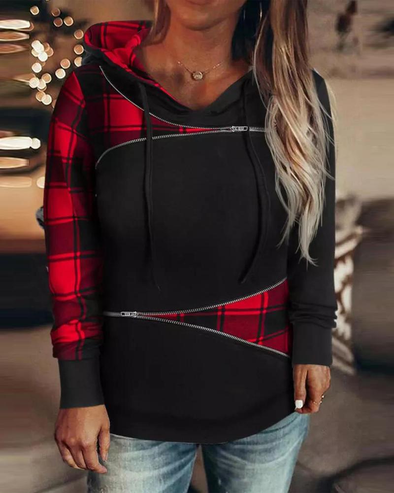 

Contrast Plaid Zipper Detail Long Sleeve Hoodie, Black