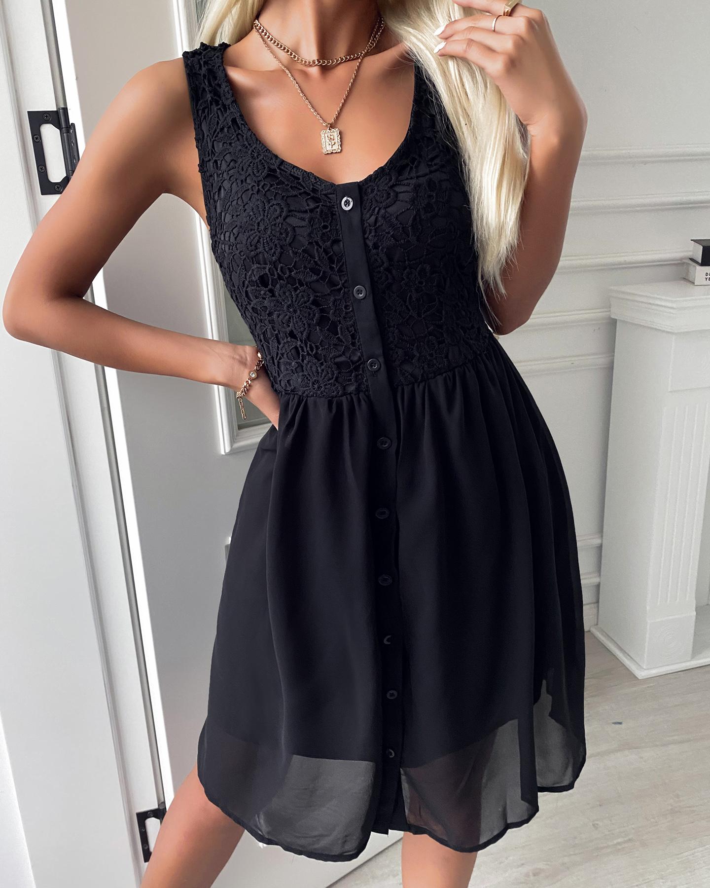 

Floral Pattern Lace Button Front Casual Dress, Black
