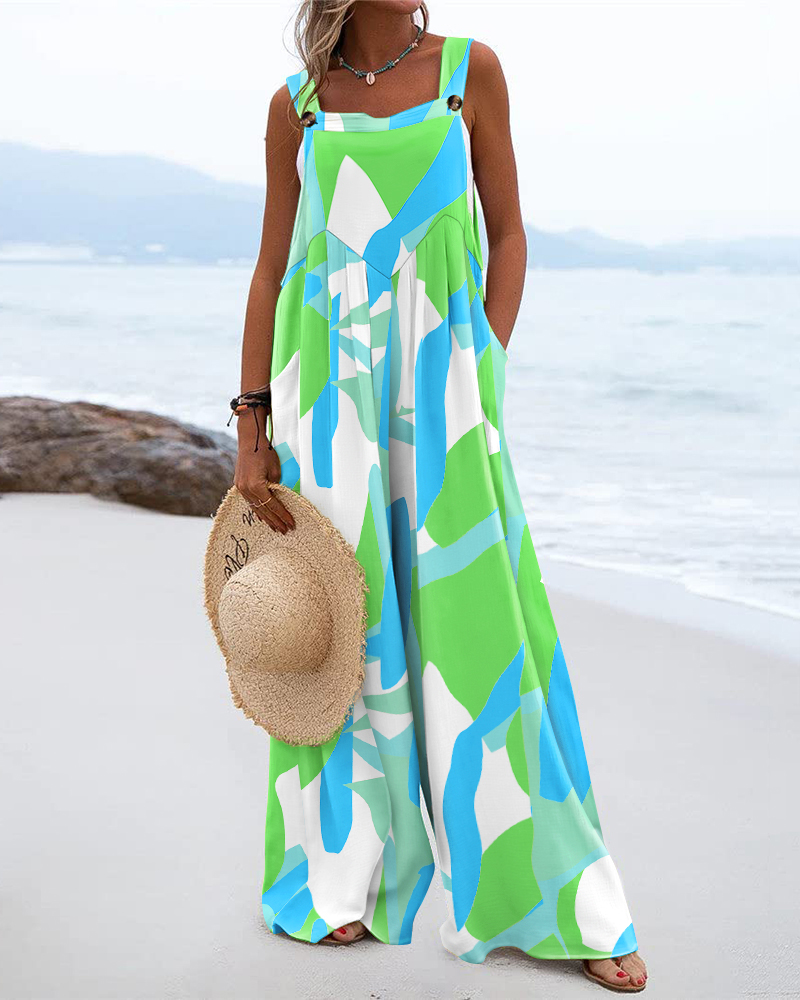 

Geo Print Wide Leg Suspender Jumpsuit, Green