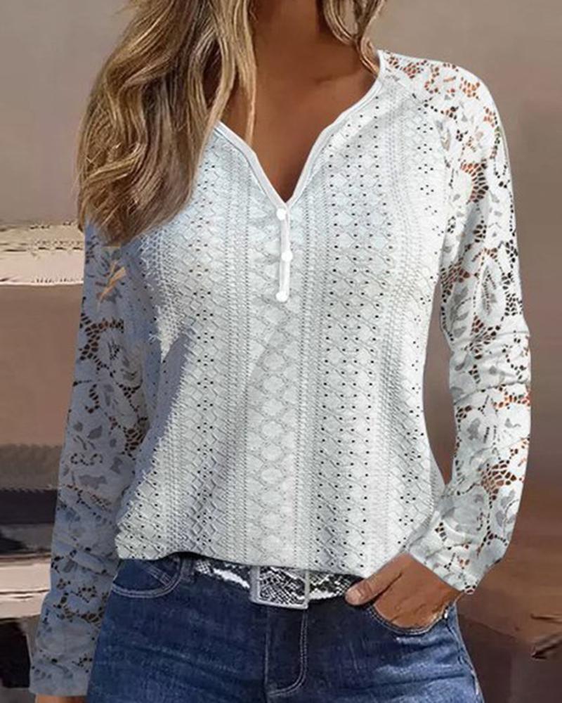 

Lace Patch V-Neck Eyelet Embroidery Casual Top, White