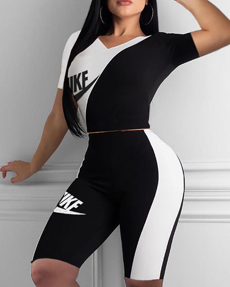 

Letter Print Colorblock Short Sleeve Top & Shorts Set, Black