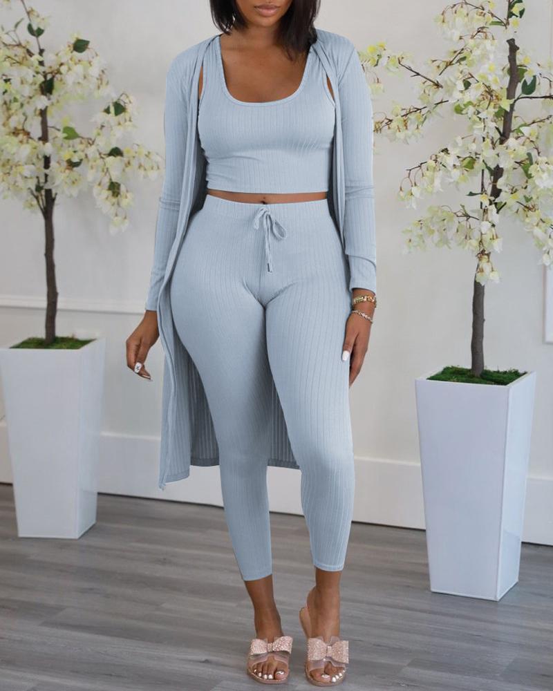 

3PCS Ribbed Crop Tank Top & Pants Set With Longline Coat, Blue