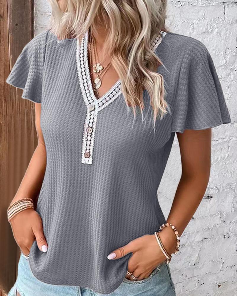 

Contrast Lace Short Sleeve Casual T-shirt, Gray