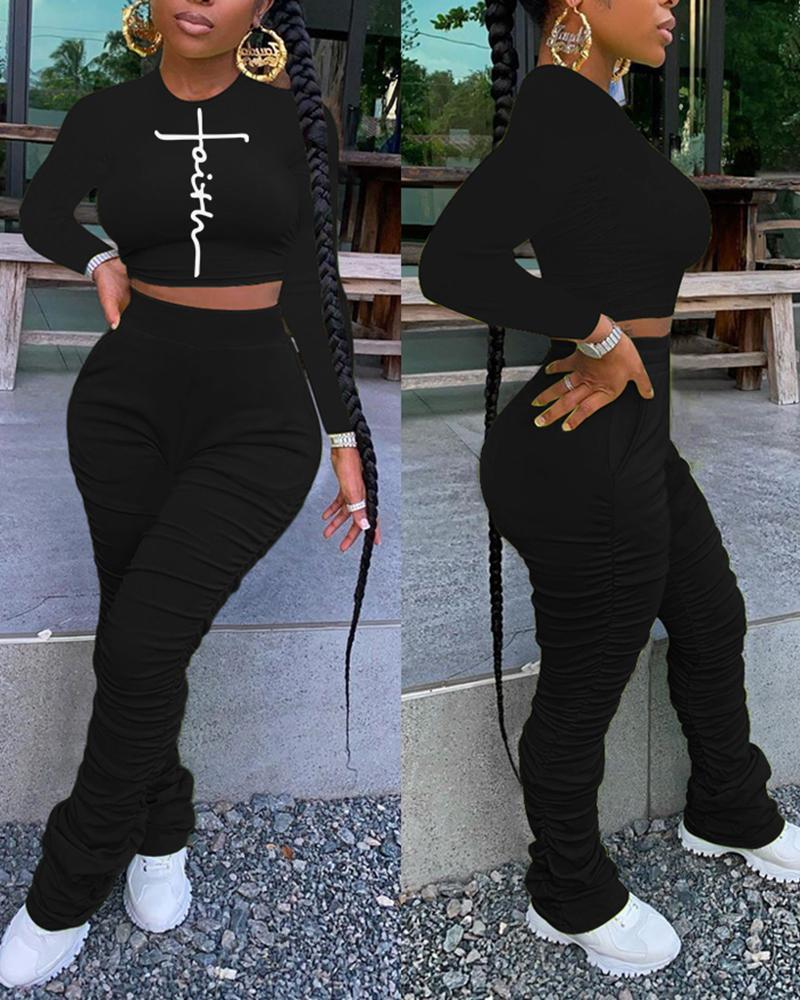 

Letter Print Crop Top & Ruched Pants Set, Black