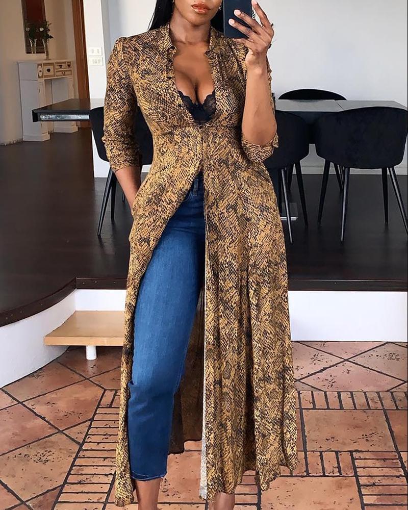 

Snakesin Print High Slit Longline Shirt, Brown