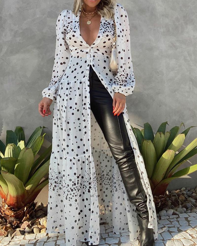 

Robe longue à pois à manches longues et boutonnée sur le devant, White