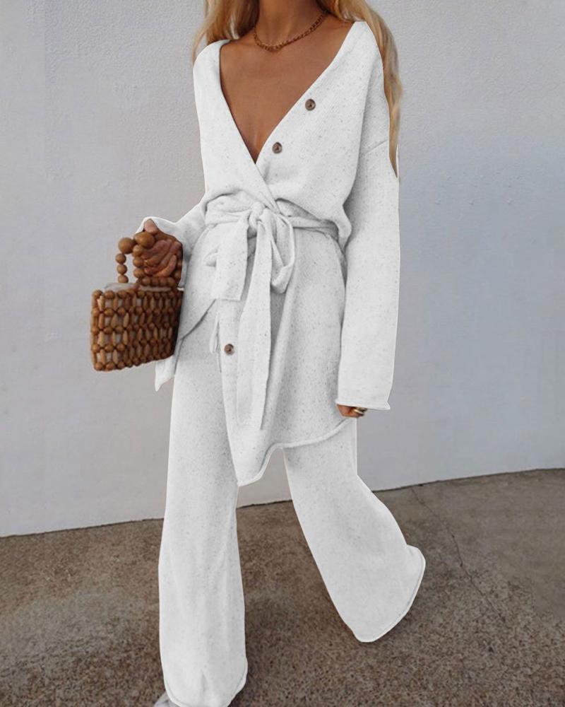 

Buttoned Knit Cardigan & Wide Leg Pants Set, White