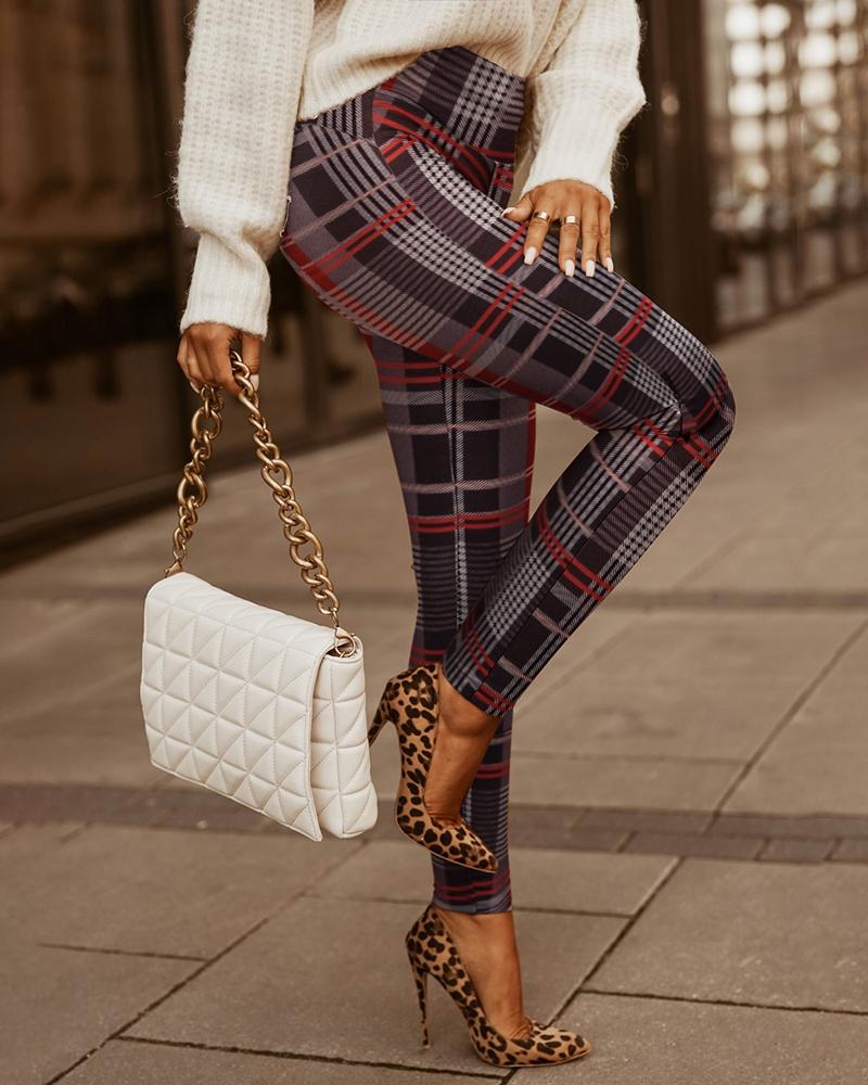 

Plaid Print High Waist Skinny Pants, Gray