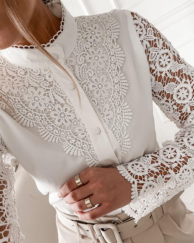 

Guipure Lace Patch Long Sleeve Button Down Shirt, White