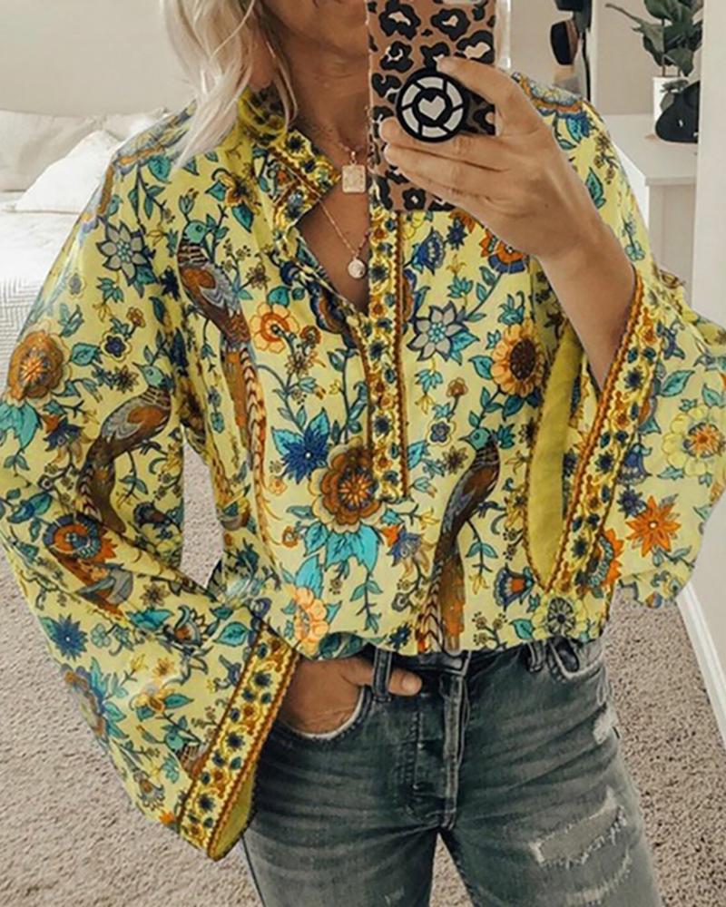 

Floral Bird Print Bell Sleeve Button Front Top, Yellow