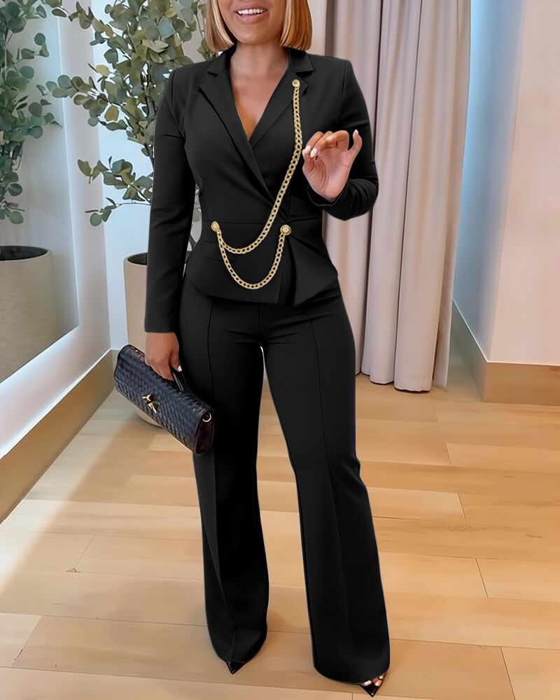 

Chain & Button Decor Notched Collar Overlap V-Neck Slit Spliced Overalls Casual High Waist Seam Front Zipper Back Jumpsuit, Black