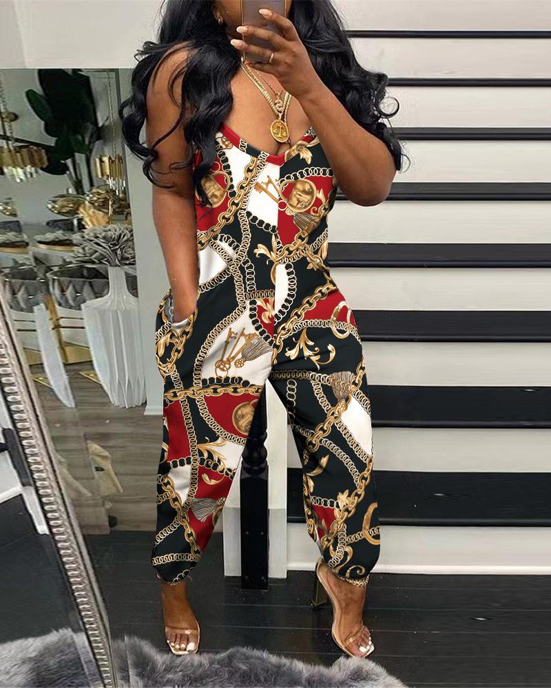 

Scarf Chain Print V-Neck Jumpsuit, Multicolor