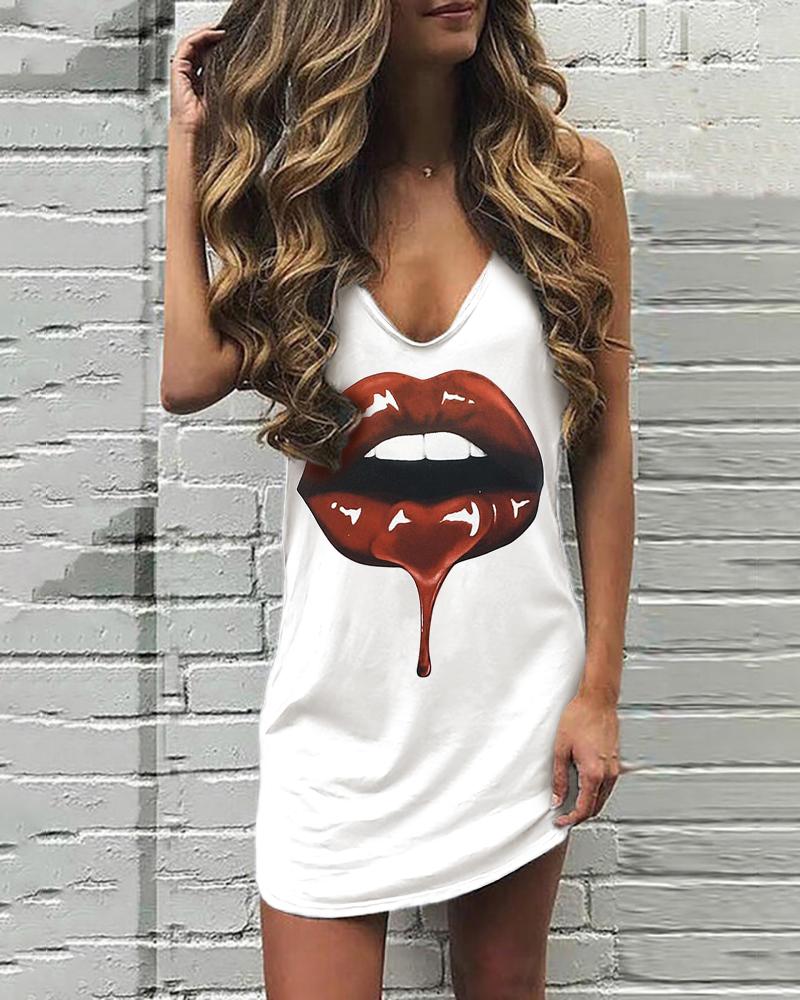 

V Neck Lip Print Sleeveless Casual Dress, White