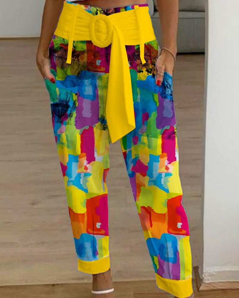 

Melting Colors All Over Print Belted Cuffed Pants, Multicolor