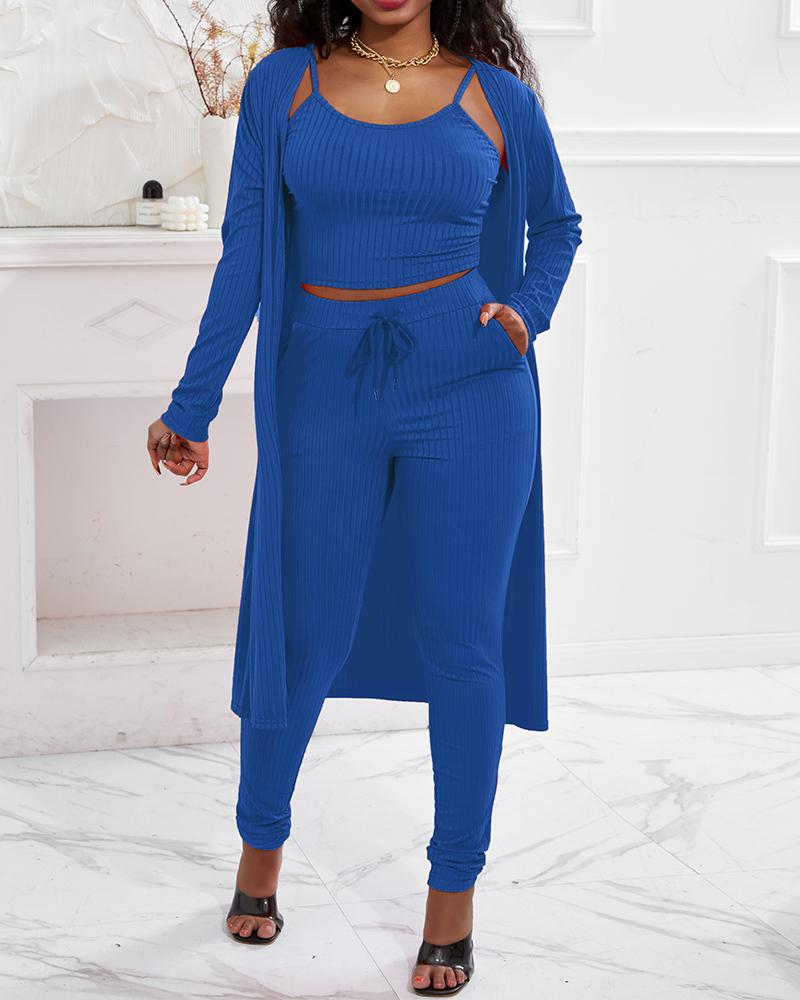 

3PCS Ribbed Cami Top & Pants Set With Longline Coat, Blue